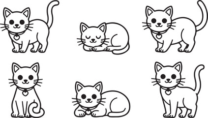 Obraz premium Six black outline cartoon cats pose with collars on a transparent background
