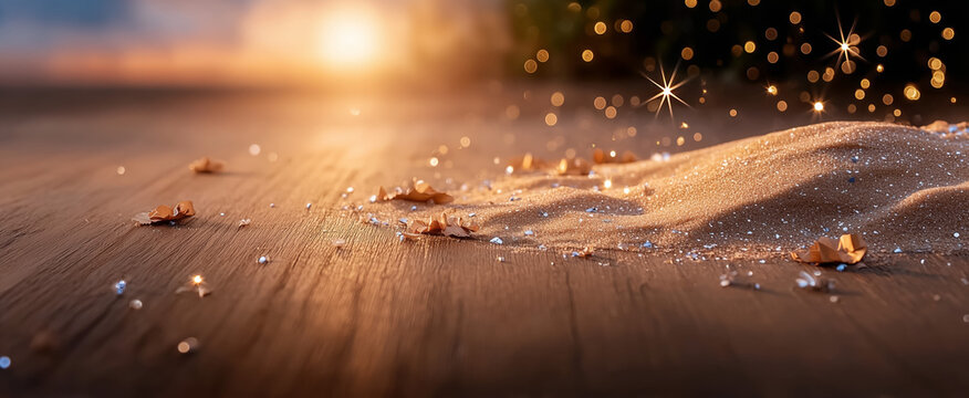 Sparkling sand with colorful paper and soft sunlight glow