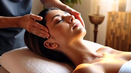 Close-up video still of a relaxing head massage, side angle. Warm lighting enhances the serene, spa-like atmosphere and soothing concept.