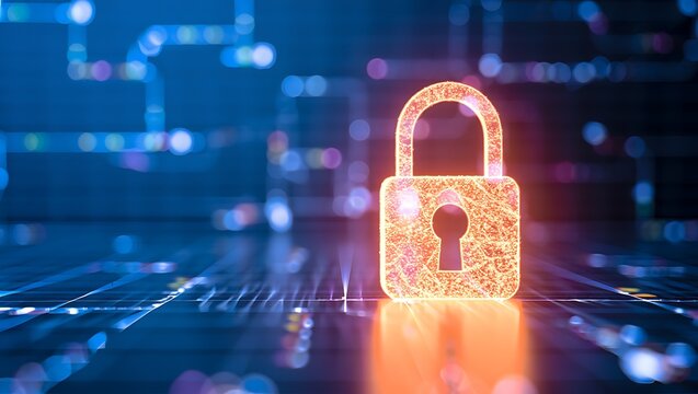 Digital security concept lock on circuit board technology background image