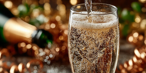 Champagne being poured into a glass with festive background