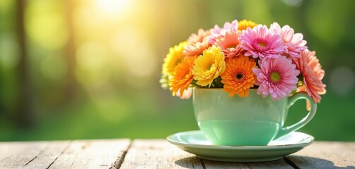 Colorful gerbera daisies bloom in a teacup with saucer on wooden table. Sunlight brightens outdoor garden setting with green bokeh background, evoking spring joy. Delicate floral arrangement.