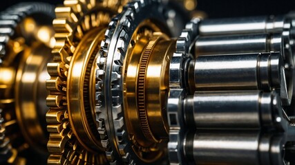 Fototapeta premium Detailed close-up of interlocking golden gears in mechanism