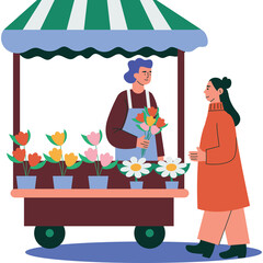 Woman Buying Colorful Tulips From Flower Stall With Green Awning And Brown Cart Detailed Flat Illustration With White Background