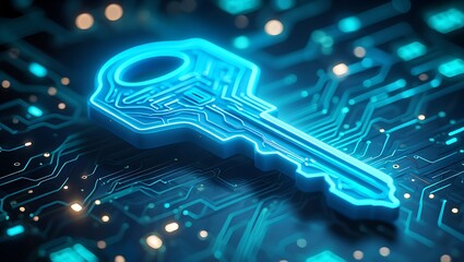 Digital Security Key Concept in Blue Glowing Cyberpunk Theme Artwork