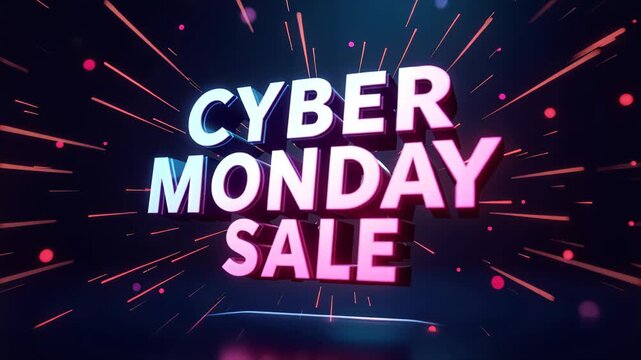 Animated Cyber Monday sale text on a dark background showing light streaks and reflective surface for seasonal shopping event