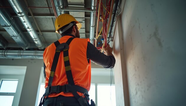 Electrician installs wiring in modern office building interior. Skilled worker secures cables within construction site. Focus on electrical infrastructure, safety procedures during building