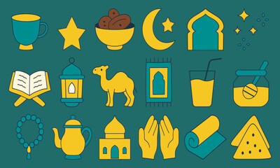 Ramadan mini icon set with cute flat doodle style. A simple and adorable collection of Ramadan mini icons, including tasbih, sajadah, Quran, lantern, teapot, camel, and dates