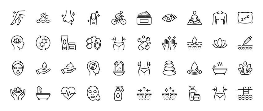 Beauty and wellness line icon set. Vector pictograms of skincare, spa, fitness, and relaxation concepts, thin linear illustration.