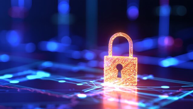 Digital Security Lock with Glowing Data Network Represents Cybersecurity Concept