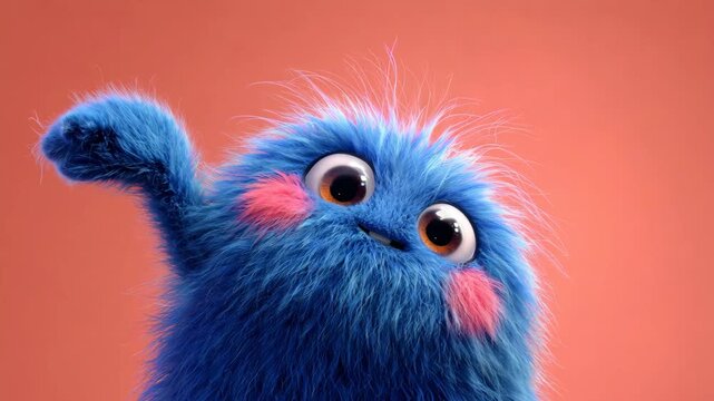 Funny fluffy blue monster with big eyes and pink cheeks waving hello, then surprised, and then sad to bye-bye on orange background