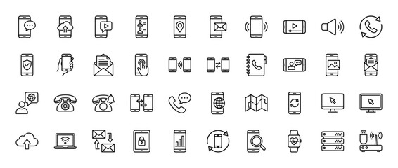 Technology and communication line icon set. Vector pictograms of smartphone, cloud, watch, desktop, and headset, thin linear illustration.