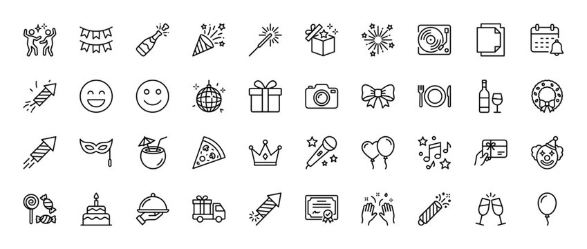 Party and celebration line icon set. Vector pictograms of confetti, fireworks, presents, champagne, and music, thin linear illustration.