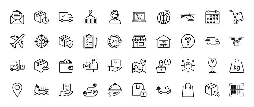 Logistics and delivery line icon set. Vector pictograms of shipping boxes, tracking, warehouse, and transportation, thin linear illustration.