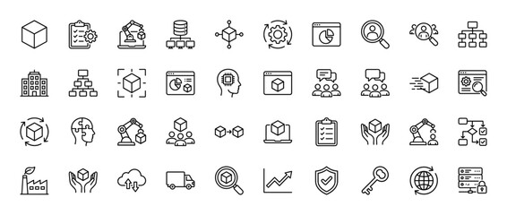 Fototapeta na wymiar Business and technology line icon set. Vector pictograms of data, supply chain, automation, and project management, thin linear illustration.