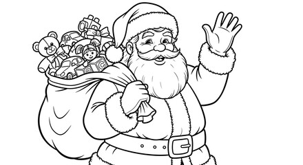 Santa claus waving with a sack full of toys in black and white line art illustration style drawing