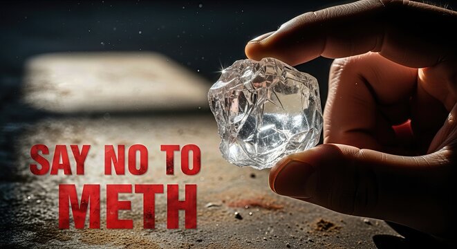 National Meth Awareness Day. A hand presents crystal meth, showing the grim reality of drug consequences. This urgent warning helps people stop dangerous substance use.