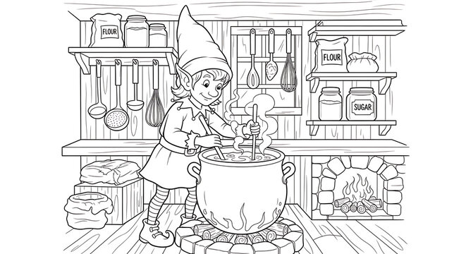 An elf stirring a pot in a kitchen with shelves and a fireplace in a coloring book style image