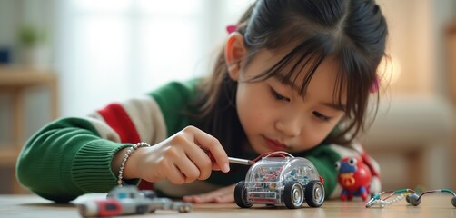 Young Asian girl builds small robotic car with screwdriver. Child learns engineering, science, technology by assembling mechanical toy. Focused kid works on invention, enjoys STEM education at home.