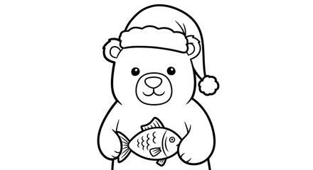 Cartoon bear wearing a santa hat holding a fish in black and white line art illustration style image