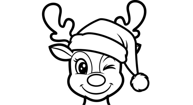 Cartoon reindeer winking with santa hat outline for coloring book christmas holiday season illustration