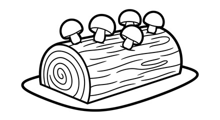 Illustration of a yule log cake with mushrooms on a plate in black and white outline style