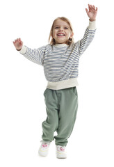 Smiling little girl in striped sweater on white background