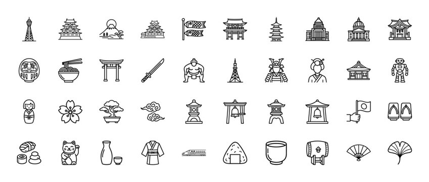 Japan tourism and culture line icon set. Vector pictograms of mount fuji, pagoda, torii gate, sumo, bonsai, samurai, and kimono, thin linear illustration.