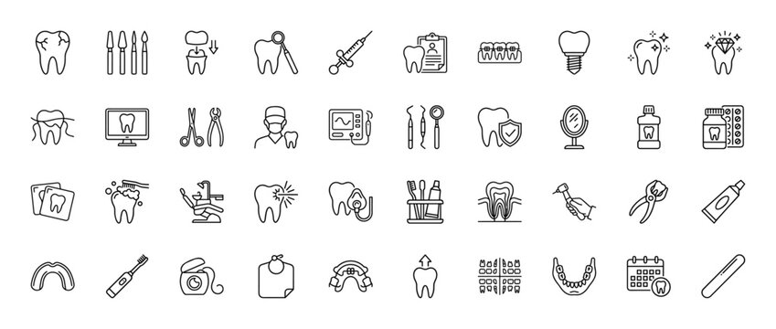 Dentistry line icon set. Vector pictograms of tooth, drill, mirror, tools, and dental instruments, thin linear illustration.