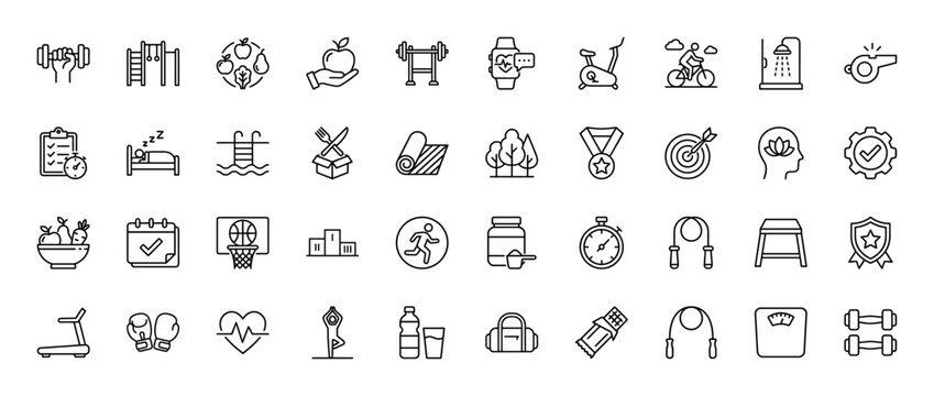 Fitness and health line icon set. Vector pictograms of apple, heart rate, dumbbells, treadmill, and yoga, thin linear illustration.
