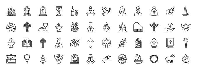 Christian religion line icon set. Vector pictograms of church, bible, cross, dove, angel, priest, chalice, candle and easter symbols, thin linear illustration.