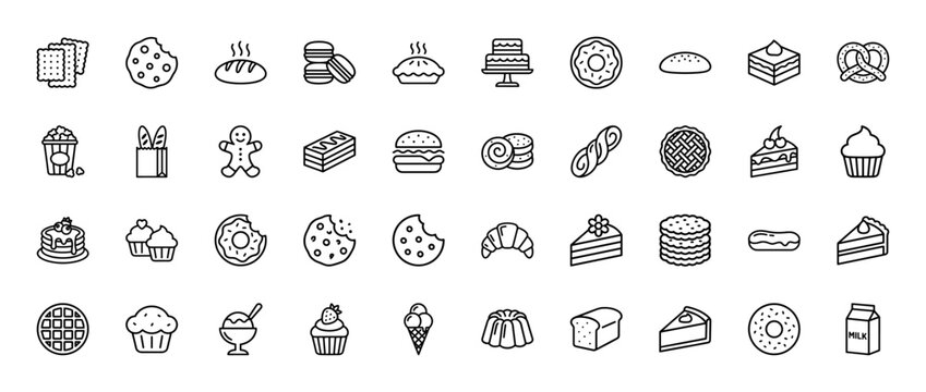 Bakery and dessert line icon set. Vector pictograms of donut, cake, pie, bread, cookie, cupcake, ice cream, croissant, muffin, pretzel, thin linear illustration.