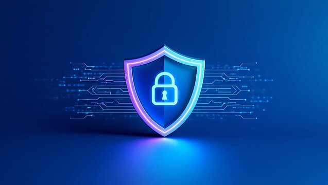 Digital Security Shield with Padlock Protecting Online Information and Data