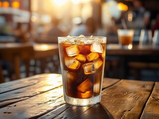 Refreshing cold cola beverage with ice cubes in glass on rustic wooden table with blurred cafe background. Perfect thirst quencher drink for summer refreshment, restaurant service and lifestyle concep