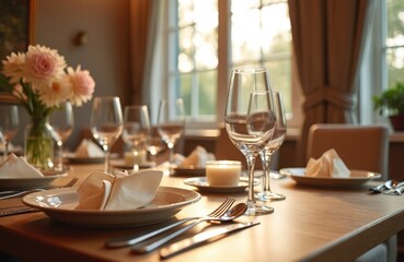 Restaurant table setting ready for guests. Dining table with plates cutlery glassware and napkins. Flowers and candle create romantic mood for dinner. Interior shot with sunlight through window.