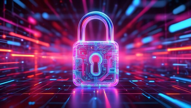 Futuristic Digital Lock Protecting Data in Cyberspace with Glowing Lines