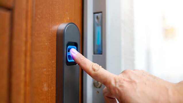 Fingerprint scanning entry system on a wooden door modern technology