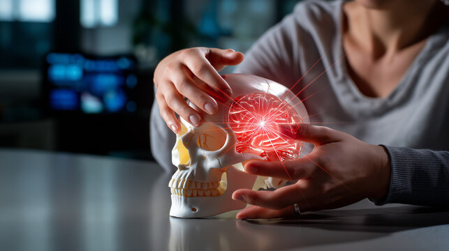 Close-up of hands on skull with defocused figure and sharp red luminous brain image visible, with copy space