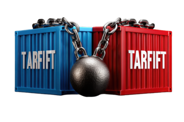Two shipping containers, blue and red, are chained together with a heavy metal ball.  "Tariff" is printed on each