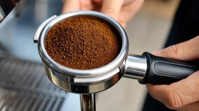 Barista preparing espresso shot with freshly ground coffee in portafilter