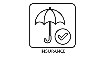 Line art illustration displaying an umbrella with a checkmark accompanied by the word insurance