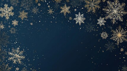 Dark blue background with gold accents and scattered snowflakes