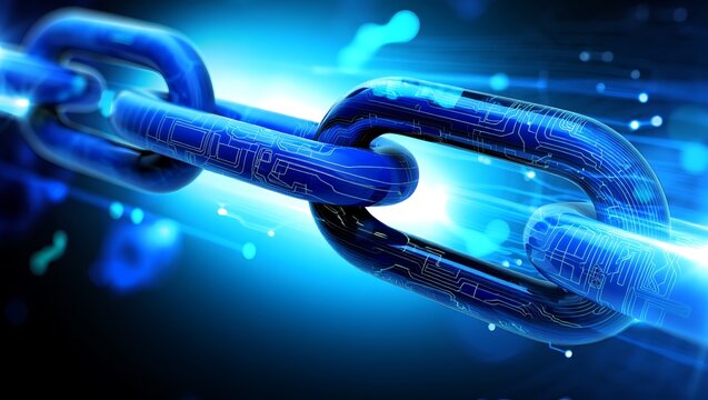 Interconnected blue chain links digital security network internet technology concept - Powered by Adobe