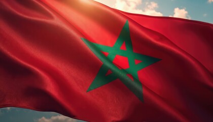 Morocco flag flies against sky. National moroccan banner waves in the wind. It symbolizes patriotism, identity and culture. Flag embodies nationhood, unity, independence day and government policy.