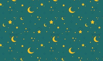 Simple teal seamless Ramadan background with crescent, stars, sparkles, and dots in a minimal doodle style. Perfect for social media templates, digital backgrounds, packaging, and invitations
