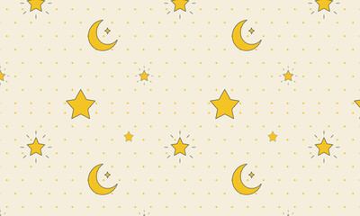 Minimal cream seamless crescent and stars Ramadan pattern, featuring cute crescent moons, small stars, dots, and sparkles. Designed for elegant Ramadan visuals such as greeting cards and packaging