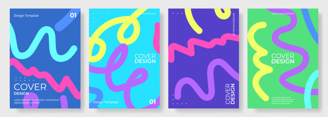 Set of four abstract vector posters with colorful hand drawn squiggles. Many-coloured vertical background design collection for cover, social media, poster, brochure, book, flyer, banner, presentation