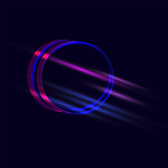 Pink blue neon tunnel Round frame with colorful diagonal light stripes on a dark background. Modern abstract geometric design concept. Vector illustration