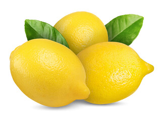 Fresh yellow lemons and green leaves isolated on white