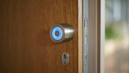 Obraz premium Modern smart lock on wooden door enhancing home security features
